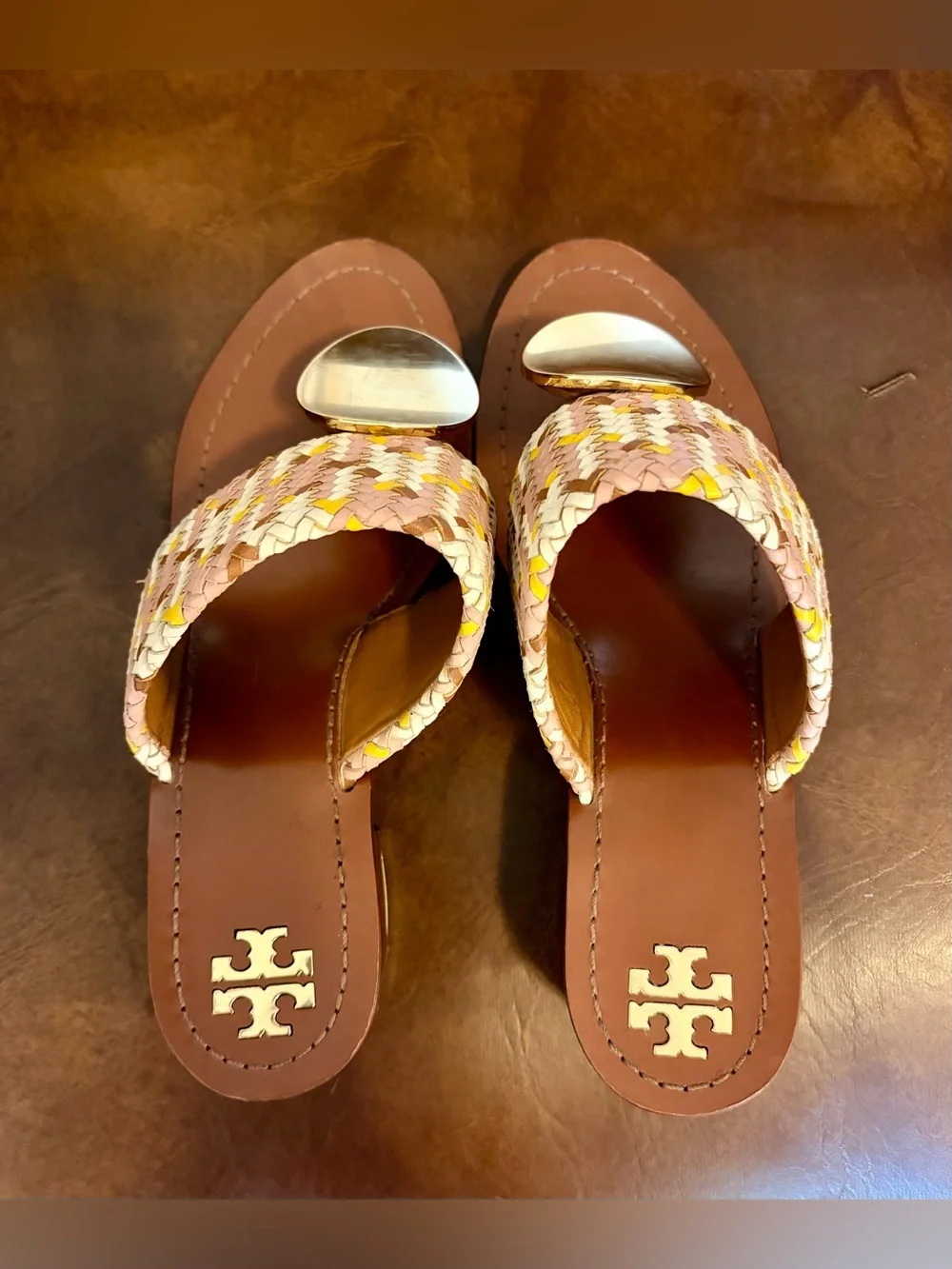 Tory Burch PATOS DISK MID-HEEL SANDAL Woven Neutral Pink Gold Accent size 8